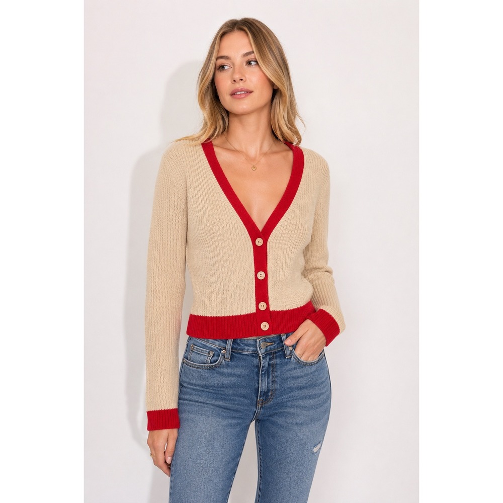 Stitches & Stripes Tan Red Contrast Trim Ribbed V-Neck Cardigan Sweater NWT